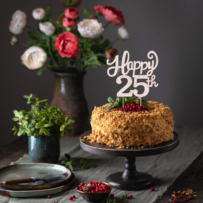 LASKYER Happy 25th Birthday Rose Gold Rhinestone Cake Topper - 25th Birthday/Anniversary,Cheers to 25 Years Old Bday Party Metal Sparkly Centerpieces Decorations. - Image 4